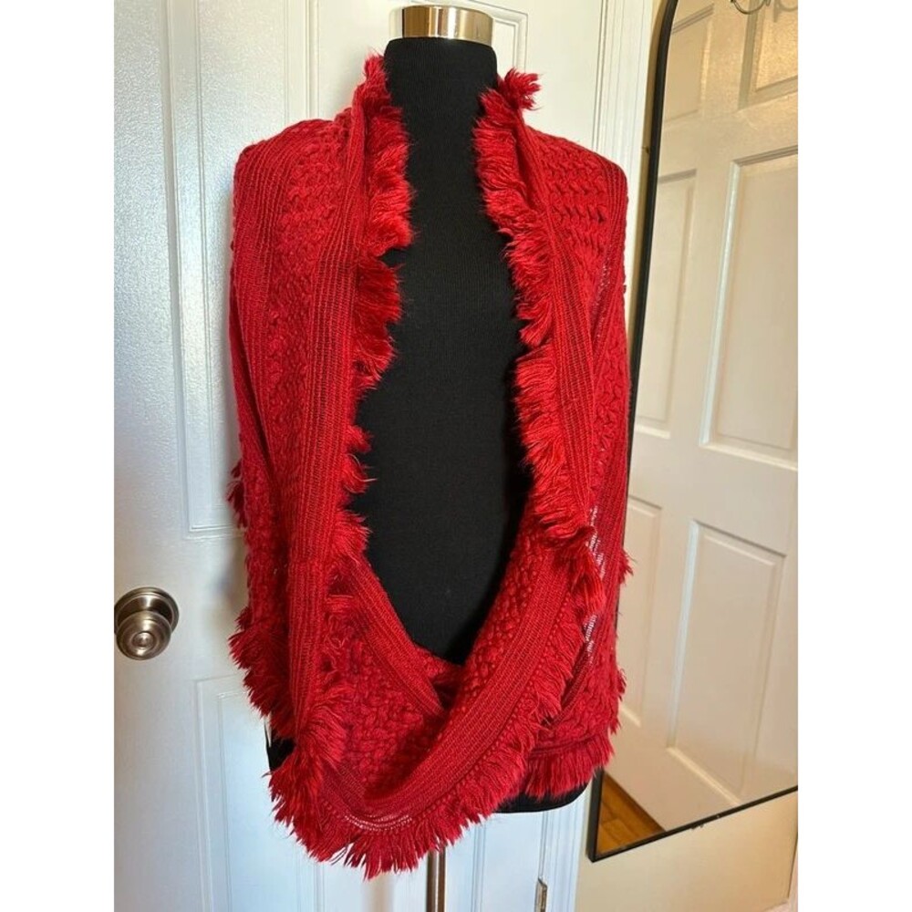 Big Buddha Red Chunky Knit Infinity Scarf Fringe Cowl Loop textured